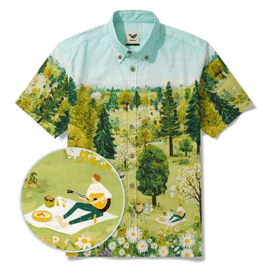 Men's green Hawaiian shirt with daisy and meadow design