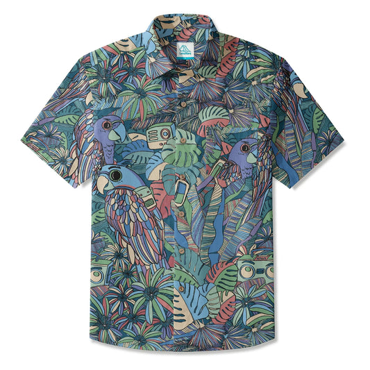 Men's Hawaiian shirt with blue parrot design, short sleeve
