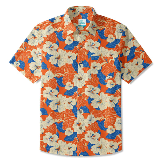 Men's Hawaiian shirt with orange blue hibiscus print