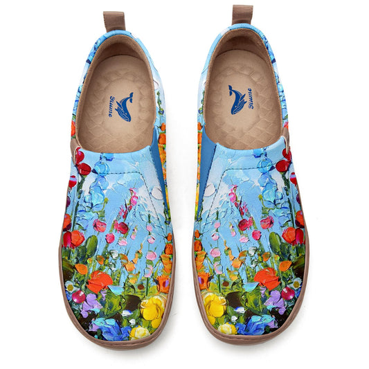 Women's Foldable Loafers,Blue Floral Oil Painting Women's Slip-On Sneakers,100% Cotton