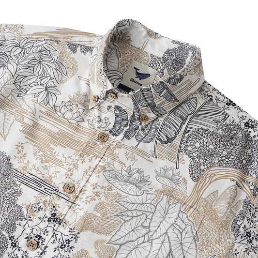 Botanical Oasis 100% Cotton Men's Short Sleeve Button-down Shirt Brown Aloha Hawaiian