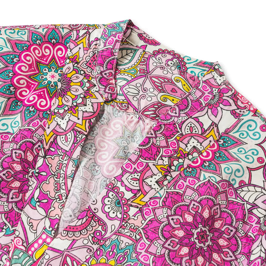 Women's blouse with pink mandala print, V-neck