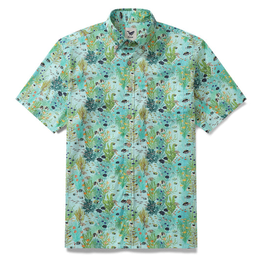 Green Hawaiian Shirt For Men Tropicial Fish Shirt The Coral Reef By Katherine Quinn Button-down Short Sleeve 100% Cotton Shirt