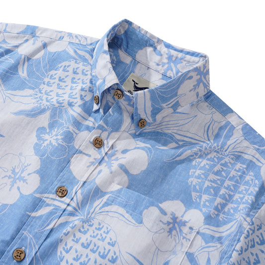Men's Hawaiian Shirt Short Sleeve Button-down 100% Cotton Blue Aloha Pineapple and Hibiscus Hawaiian Shirt