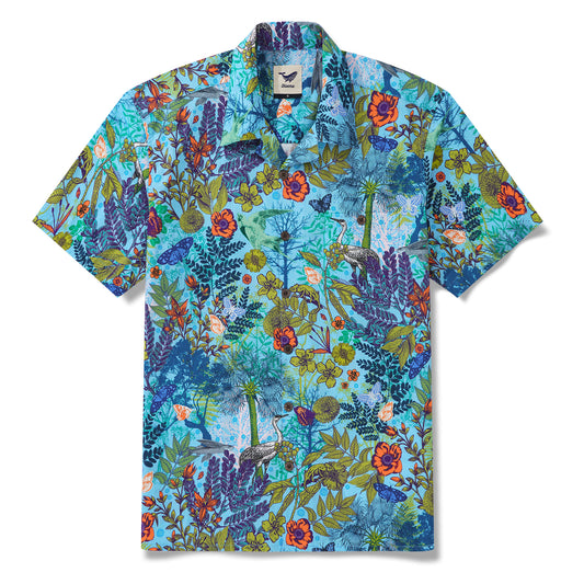 Men's Hawaiian Shirt Short Sleeve Camp Collar 100% Cotton Green Aloha Whispering Woods