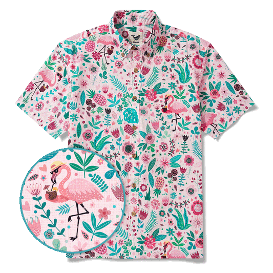 Men's Hawaiian shirt with flamingo and floral design