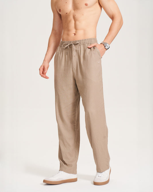 Brown linen men's 5-pocket long pants by Yiume