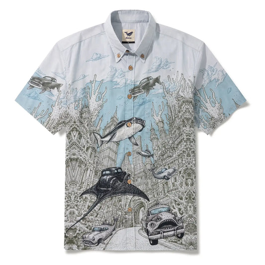 Men's Atlantis Coral Cruisers art shirt, blue, short sleeve