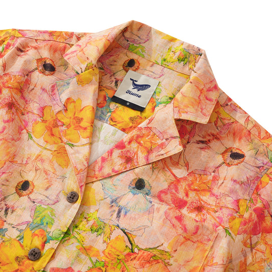 Women's Hawaiian Shirt Short Sleeve Camp Collar 100% Cotton Yellow Aloha Ranunculus Flowers By Pascale Dilger