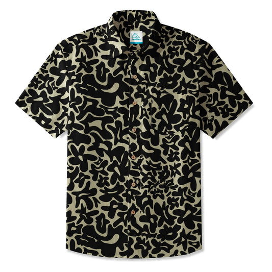 LeosWare Men's Hawaiian Shirt with Black Brown Florals, 100% Cotton