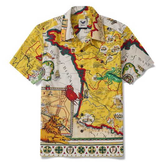 Men's Hawaiian shirt with vintage map print, short sleeve