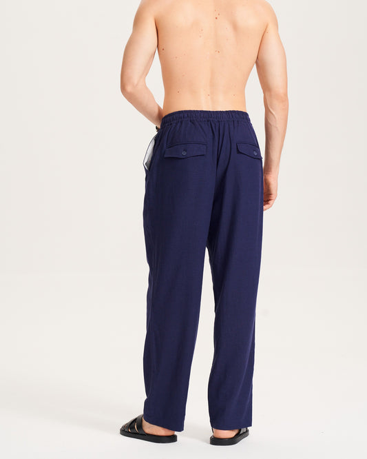 Side view of Navy Blue Linen Men's Pants with pockets