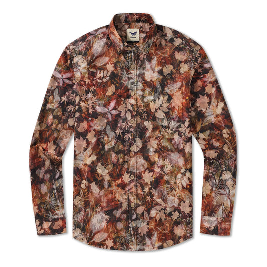 Men's Hawaiian Shirt with orange aloha leaves, long sleeve, cotton