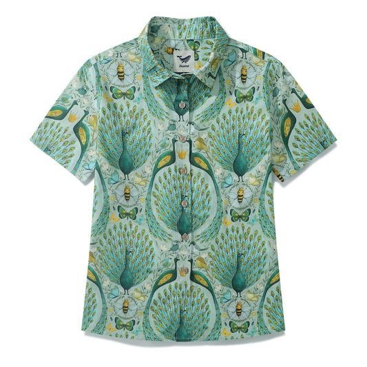 Back view of Peacock Women's Hawaiian Shirt, short sleeve
