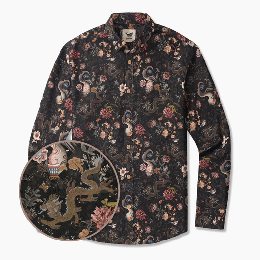 Men's Hawaiian shirt with dragon print, black, long sleeve