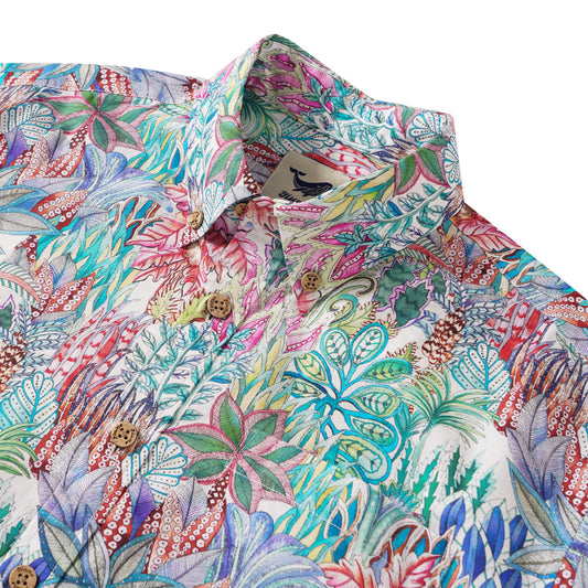 Men's Hawaiian Shirt Short Sleeve Button-down 100% Cotton Blue Aloha Floral Island Adventure