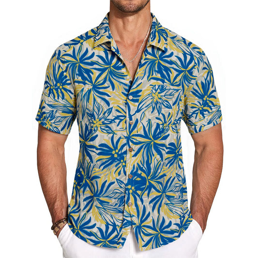 LeosWare Men's Hawaiian Shirt, blue and yellow leaf pattern