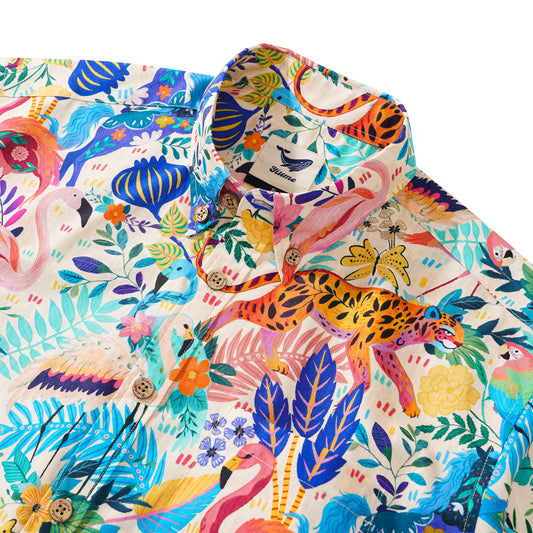 Colorful tropical shirt with leopard and pony pattern