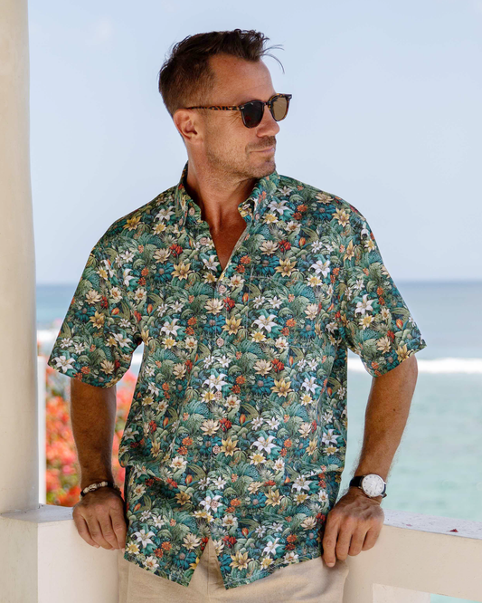 Men's green tropical Hawaiian shirt, jungle adventure print