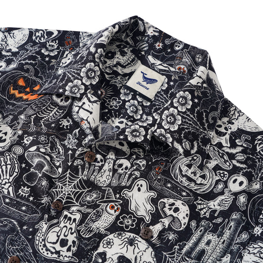 Halloween-themed men's shirt with skulls and guitars