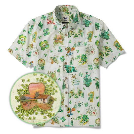St. Patrick's Day men's Hawaiian shirt, green vintage print