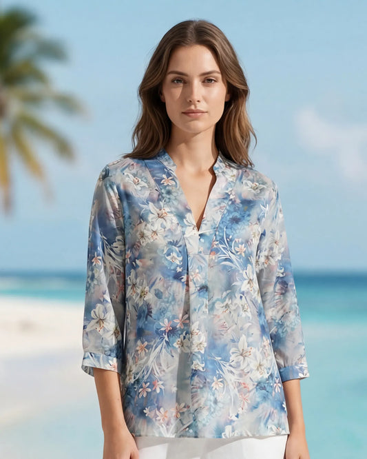 Blue Aloha Floral Women's Blouse 3/4 Sleeve V-neck