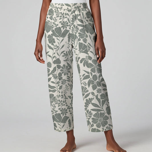 Women Casual Ankle Pants Lounge Elastic Waist with Pockets 93% Lyocell, 7% Linen Green Aloha Floral Symphony