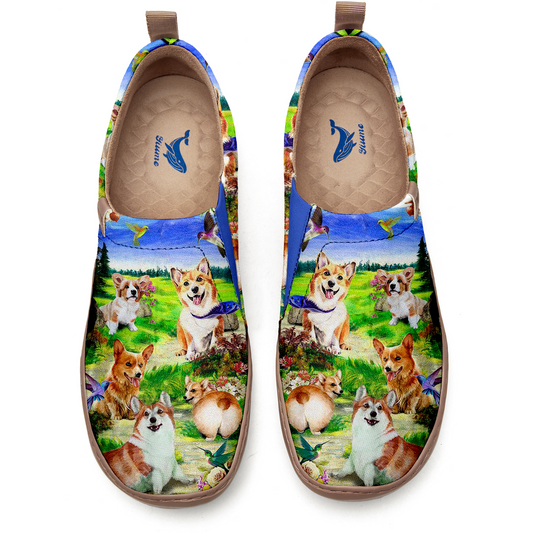 Women's Foldable Loafers, Corgi In The Grass Green Painted Canvas Slip-On Sneakers Grassland Corgi By Chloe