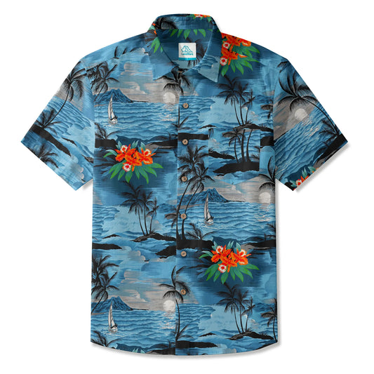 Moonlit Night Men's Hawaiian Shirt, blue tropical print, short sleeve