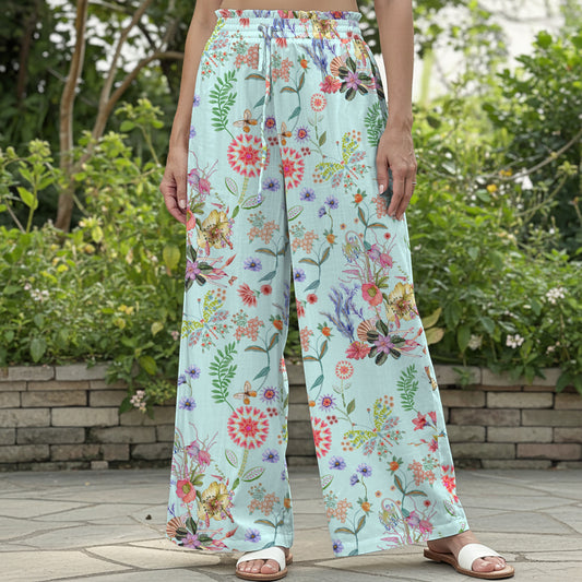 Women Casual Floral Wide Leg Palazzo Pants Lounge Elastic Waist Drawstring with Pockets 100% Cotton Green Aloha Spring Blossoms And Butterflies Dancing Painting By DUDU