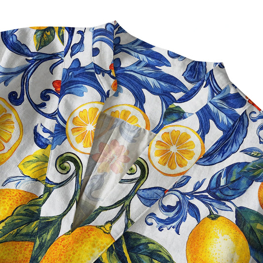 V-neck women's blouse with Sicilian lemons and floral design