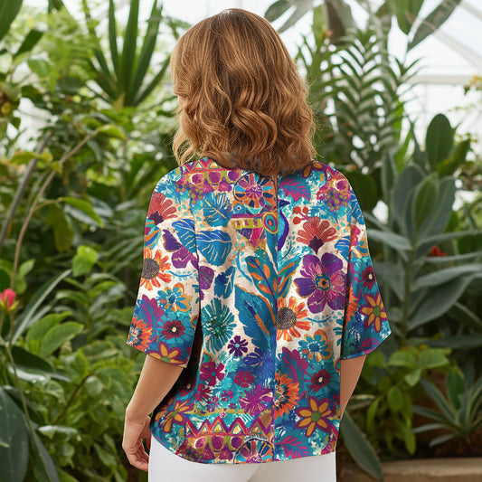 Women Casual Blouse Elbow Sleeve Crew Neck Button-Back 100% Lyocell Blue Aloha Tropical Wonder Painted Shirt