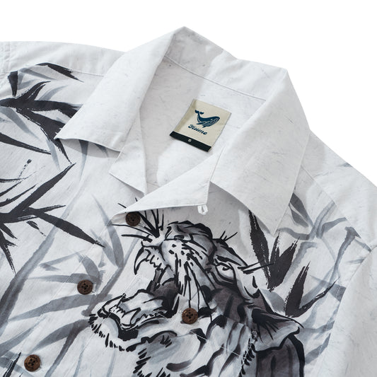 100% Cotton Bamboo Hawaiian Shirt For Men Tiger Camp Collar Shirt Tiger Roaring In The Mountains