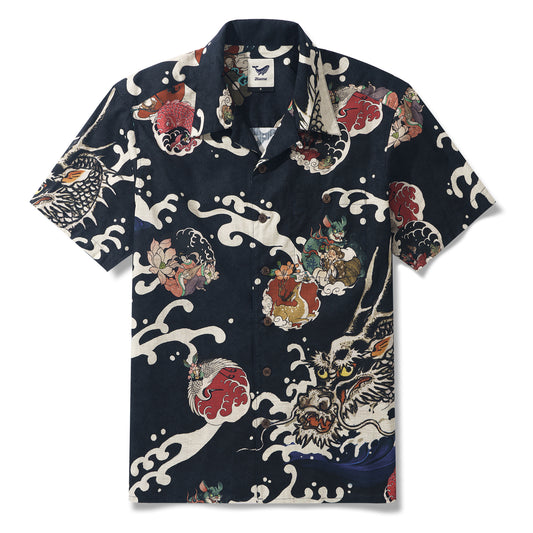 100% Cotton Men's Aloha Shirt Japanese Hawaiian Shirt Short Sleeve Camp Collar Shirt Seven Fortunes Charm Collection