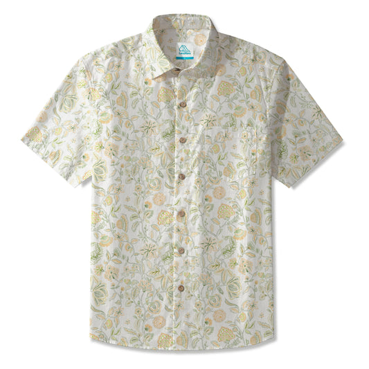 LeosWare® Men's Hawaiian Shirt Short Sleeve Button-up 100% Cotton Green Aloha Vintage Floral Serenity By Huan huan