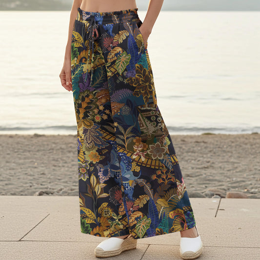 Women's floral palazzo pants in brown with elastic waist and pockets