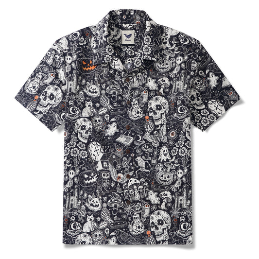Men's Halloween Shirt Skull Hawaiian Shirt Short Sleeve Camp Collar 100% Cotton Black Halloween Bash