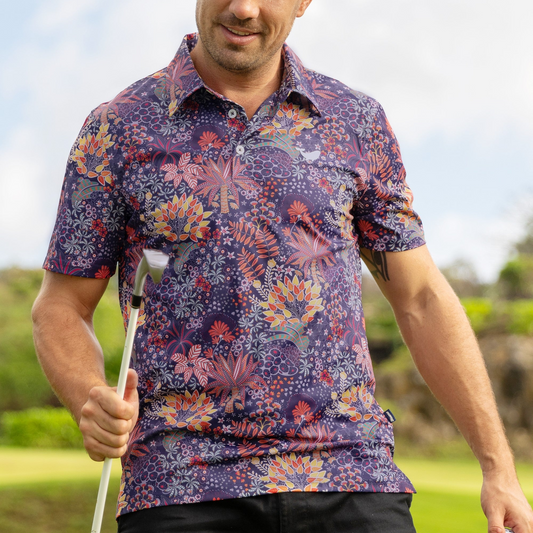 Men's Hawaiian Quirky Plants Print Short Sleeve Polo Shirt Quirky Plants Polo By Sylvia