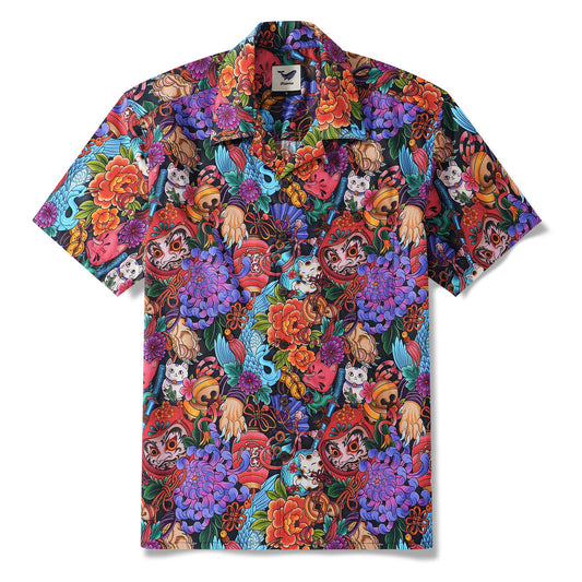 Men's Hawaiian shirt with Japanese-inspired print, black, cotton