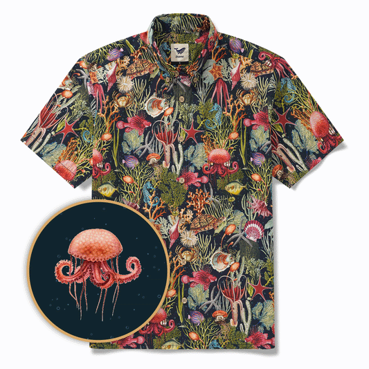 Men's Hawaiian Shirt Short Sleeve Button-down 100% Cotton Green Aloha Ocean Dreams By Cigar
