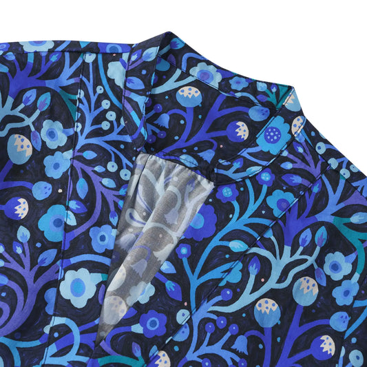 Blue art-inspired blouse with floral print, women's fashion