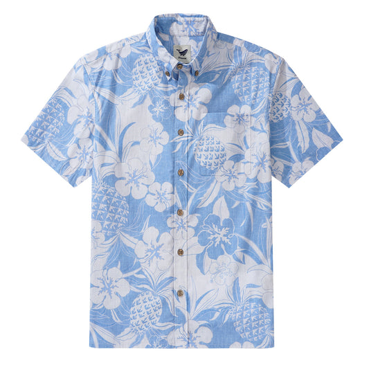 Men's Hawaiian Shirt Short Sleeve Button-down 100% Cotton Blue Aloha Pineapple and Hibiscus Hawaiian Shirt