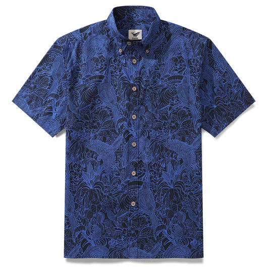 Dark Blue Tropical Hawaiian Shirt For Men Short Sleeve Button-down Shirt 100% Cotton Shirt