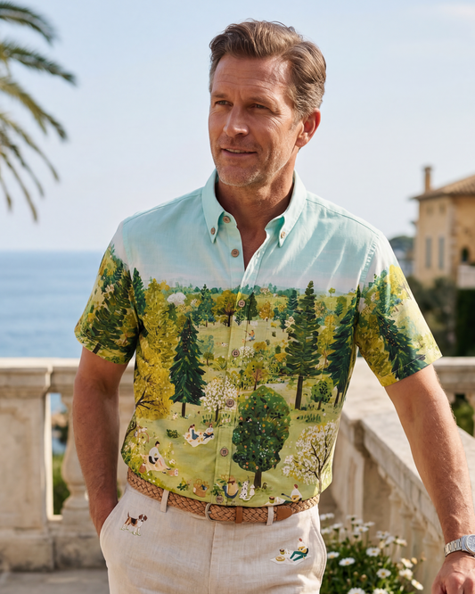 Front view of men's green Hawaiian shirt with floral pattern