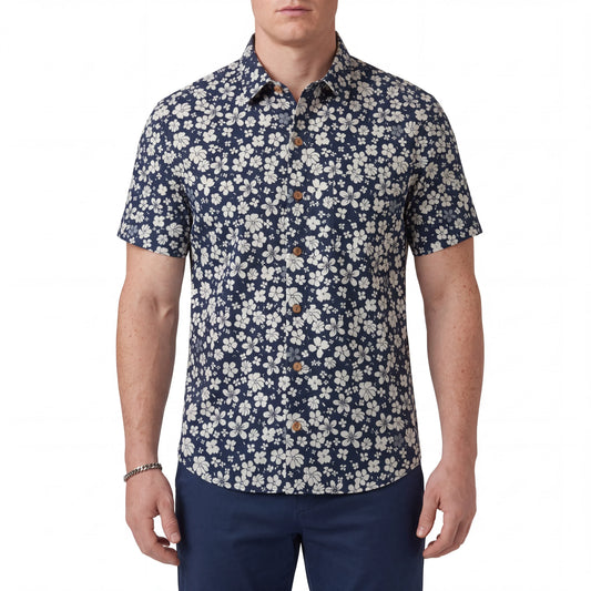 Men's Blue Aloha Floral Shirt, 100% cotton, short sleeve