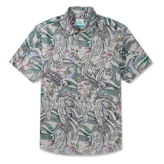 Men's Hawaiian Shirt with tropical plant art, beige, short sleeve
