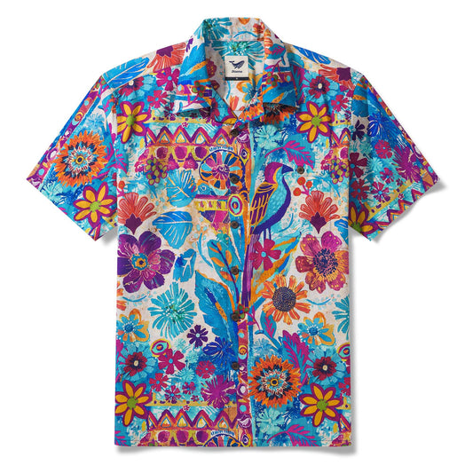 Tropical Wonder Painted Shirt, blue, 100% cotton, men's camp collar