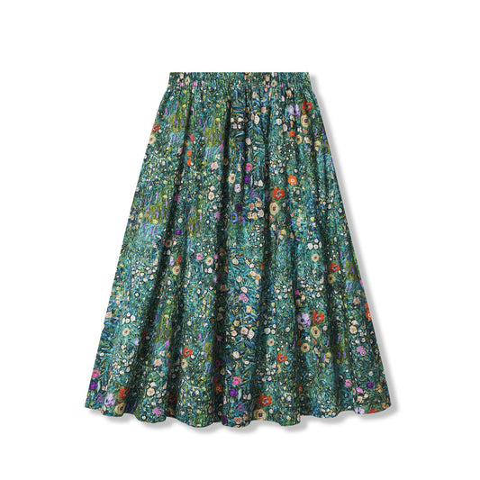 Art-inspired green maxi skirt with floral design