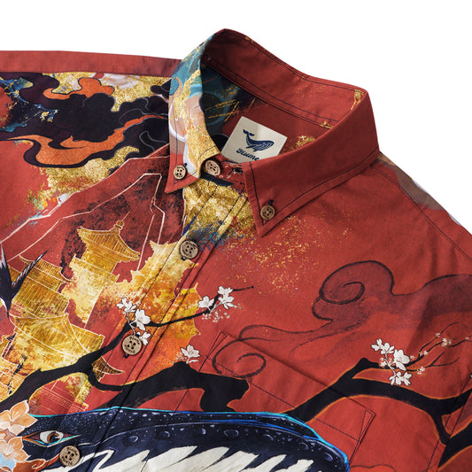 Chinese Art Hawaiian Shirt 100% Cotton Men's Short Sleeve Button-down Red Aloha Shirt Dunhuang Whale Art Shirt