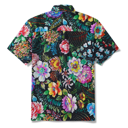 Men's Floral Hawaiian Shirt 100% Cotton Black Aloha Short Sleeve Button-down Shirt Midnight Blossom By Manish Prajapati